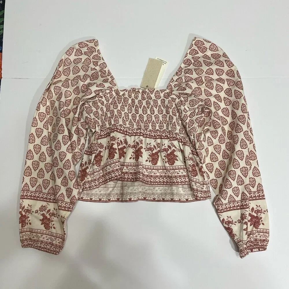 SIM & SAM Linen Blend Crop Top L Mauve Clay Boho Print Long Sleeve Peasant NEW